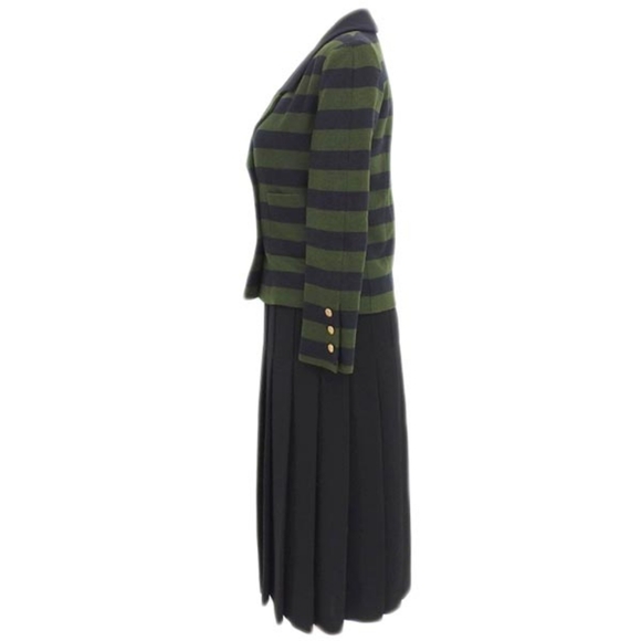 EUC CHANEL 3 Piece Co-Ord Set Green & Black Striped Blazer, Pleated Skirt & Top - Picture 5 of 14